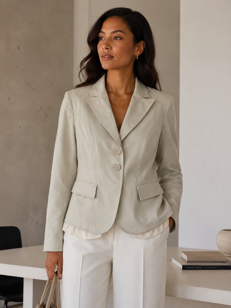 Iris Setlakwe Beige Tailored Blazer Ruffle Hem Minimalist Quiet Luxury Career 4